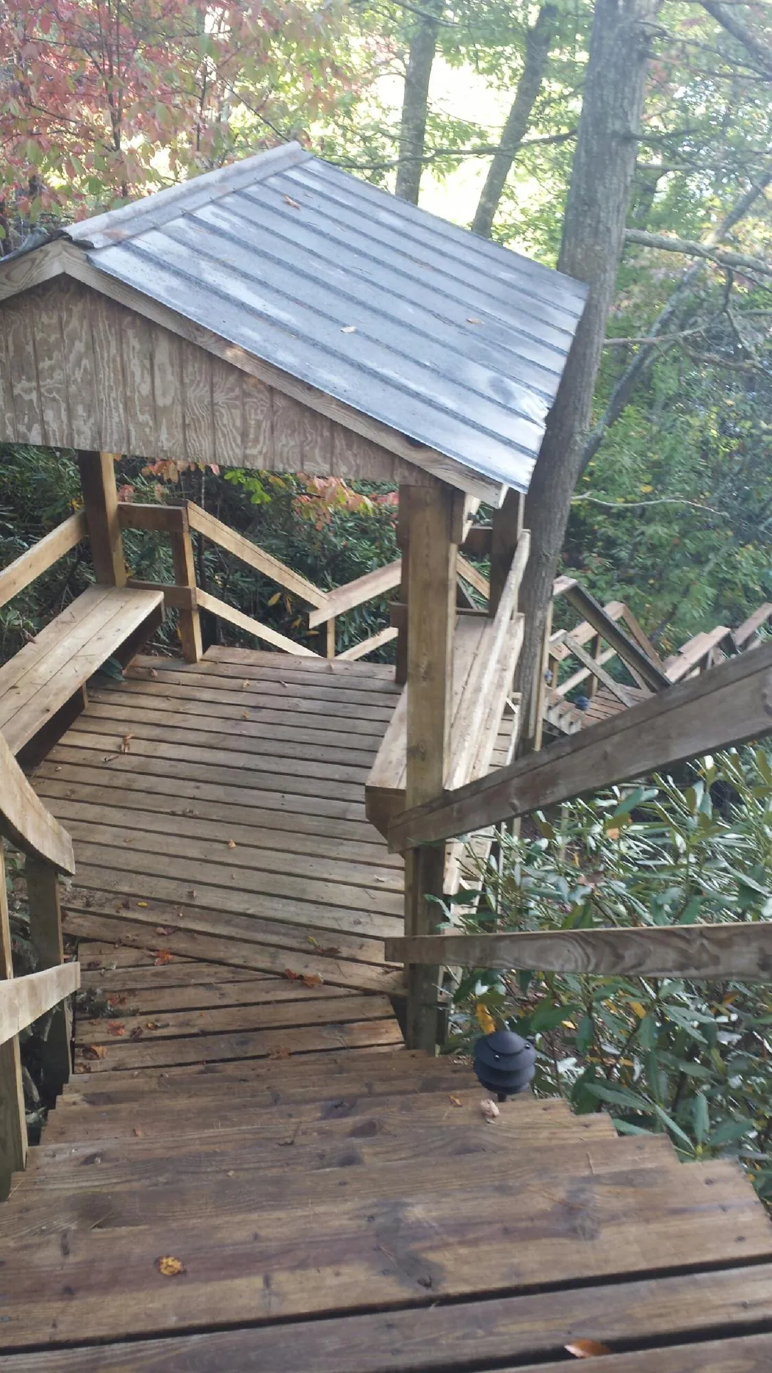 Metal roofed shelter over wooden steps on a wooded walkway — Skylight Repair & Installation work by our crew in Barnes City